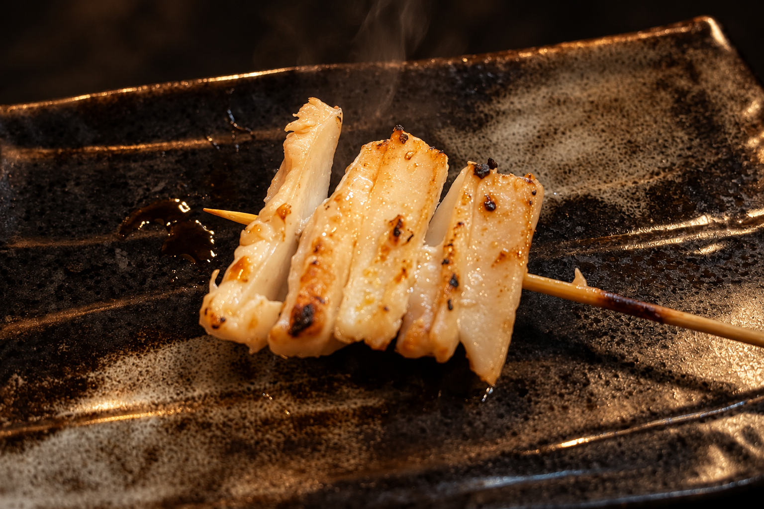 暗い背景の中、黒い釉薬の長皿に、焼き色のついた白ねぎの串が1本のっている