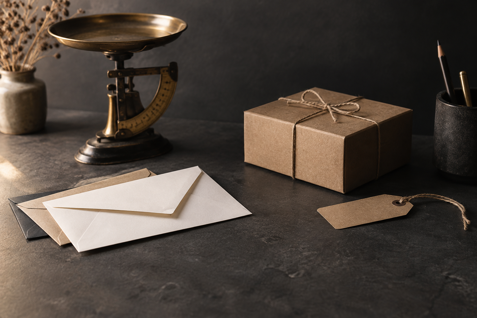 On a dark stone table, plain envelopes, a small kraft box tied with string, a blank kraft paper tag and an old brass postal scale