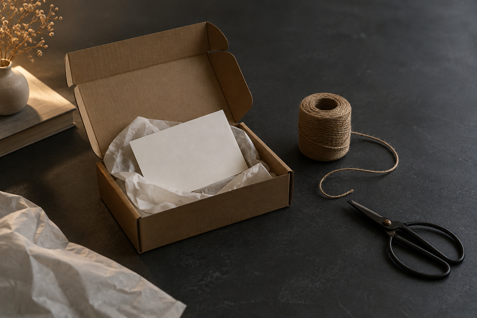 On a dark table, an open small cardboard box with tissue paper, a blank white card, a roll of twine and a pair of scissors