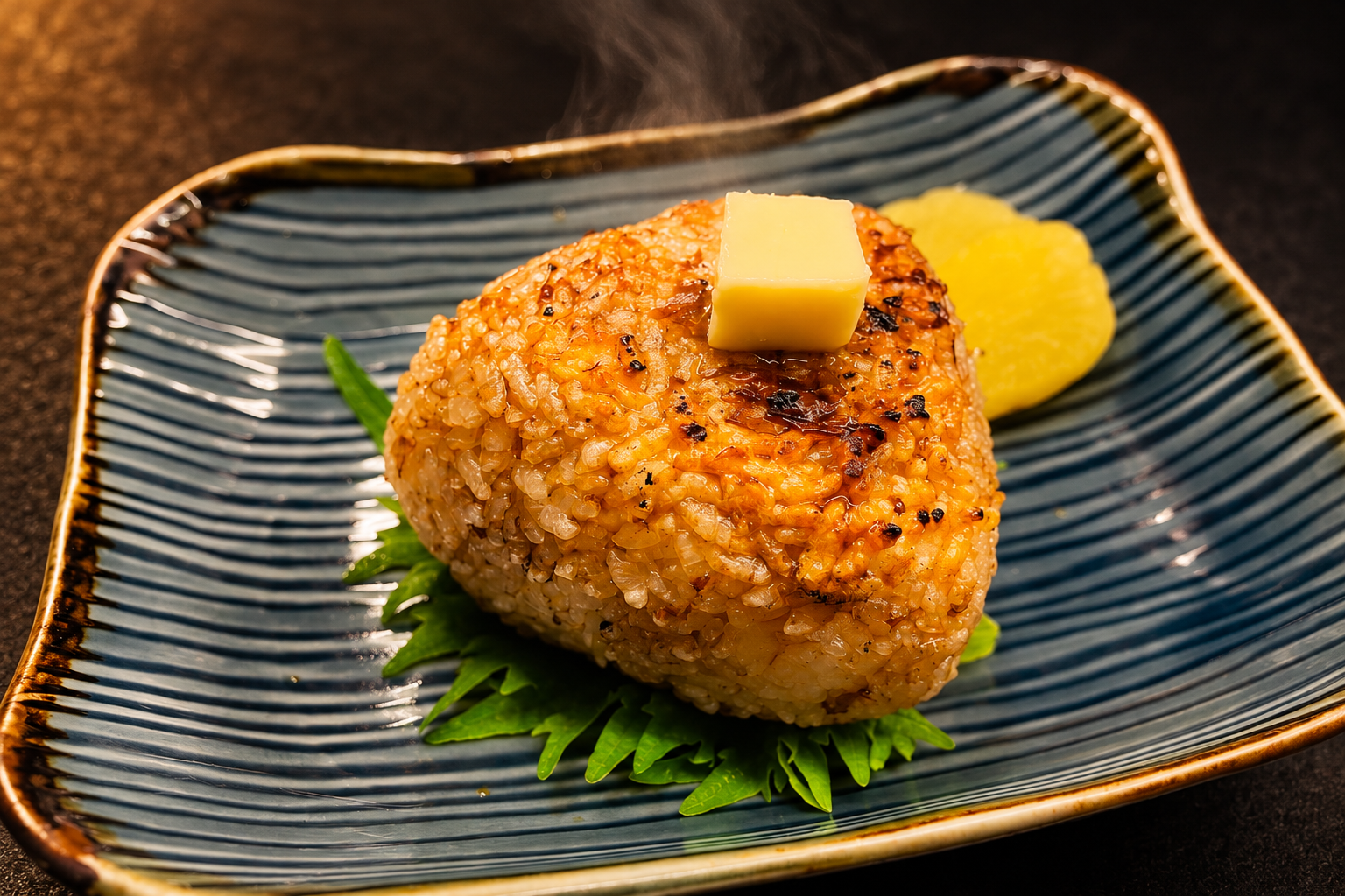 Against a dark background, a triangular grilled rice ball browned with soy sauce on a blue striped dish, topped with a cube of butter, with a slice of pickled radish and green leaves