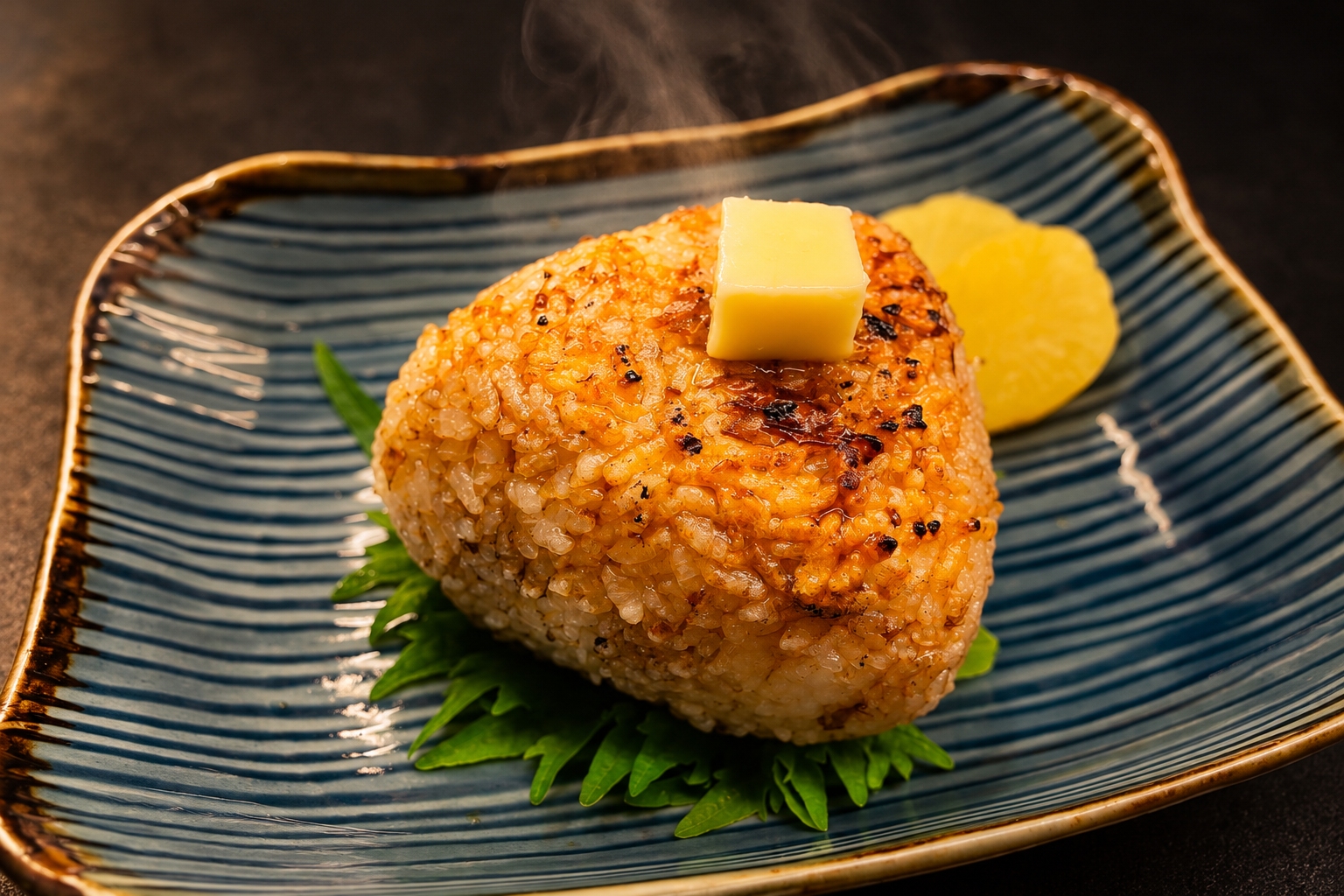 暗い背景の中、青い筋模様の器に、しょうゆ色に焼けた三角の焼きおにぎり。上に四角いバター、横にたくあん、下に緑の葉