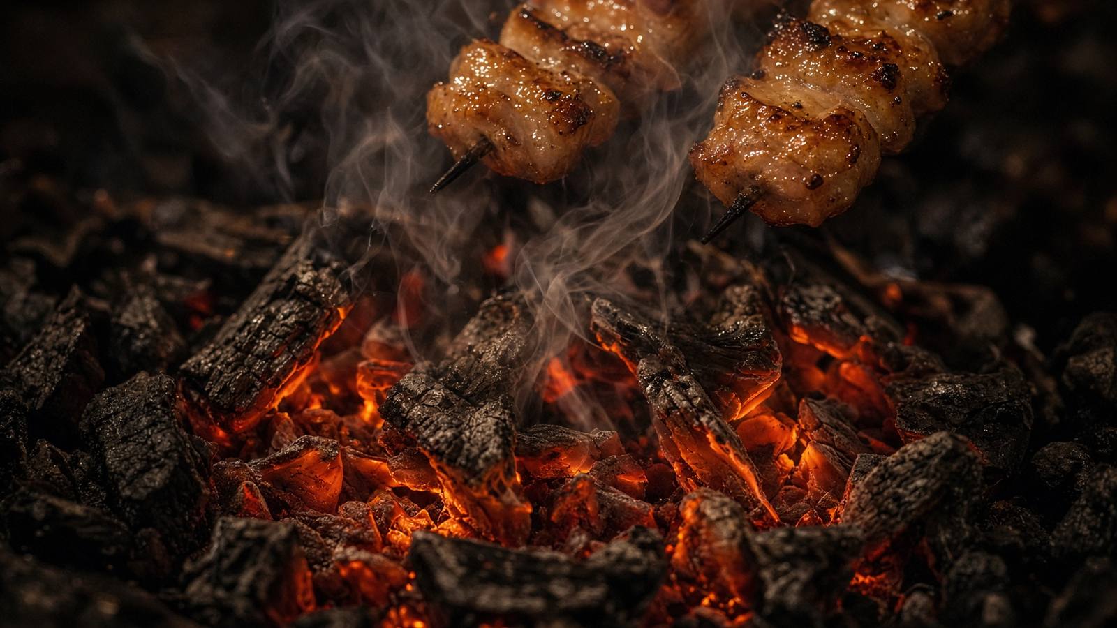 Two glazed chicken skewers held above glowing charcoal and smoke