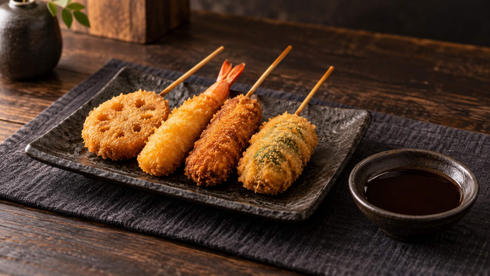 Golden breaded fried skewers on a dark plate beside an individual sauce dish