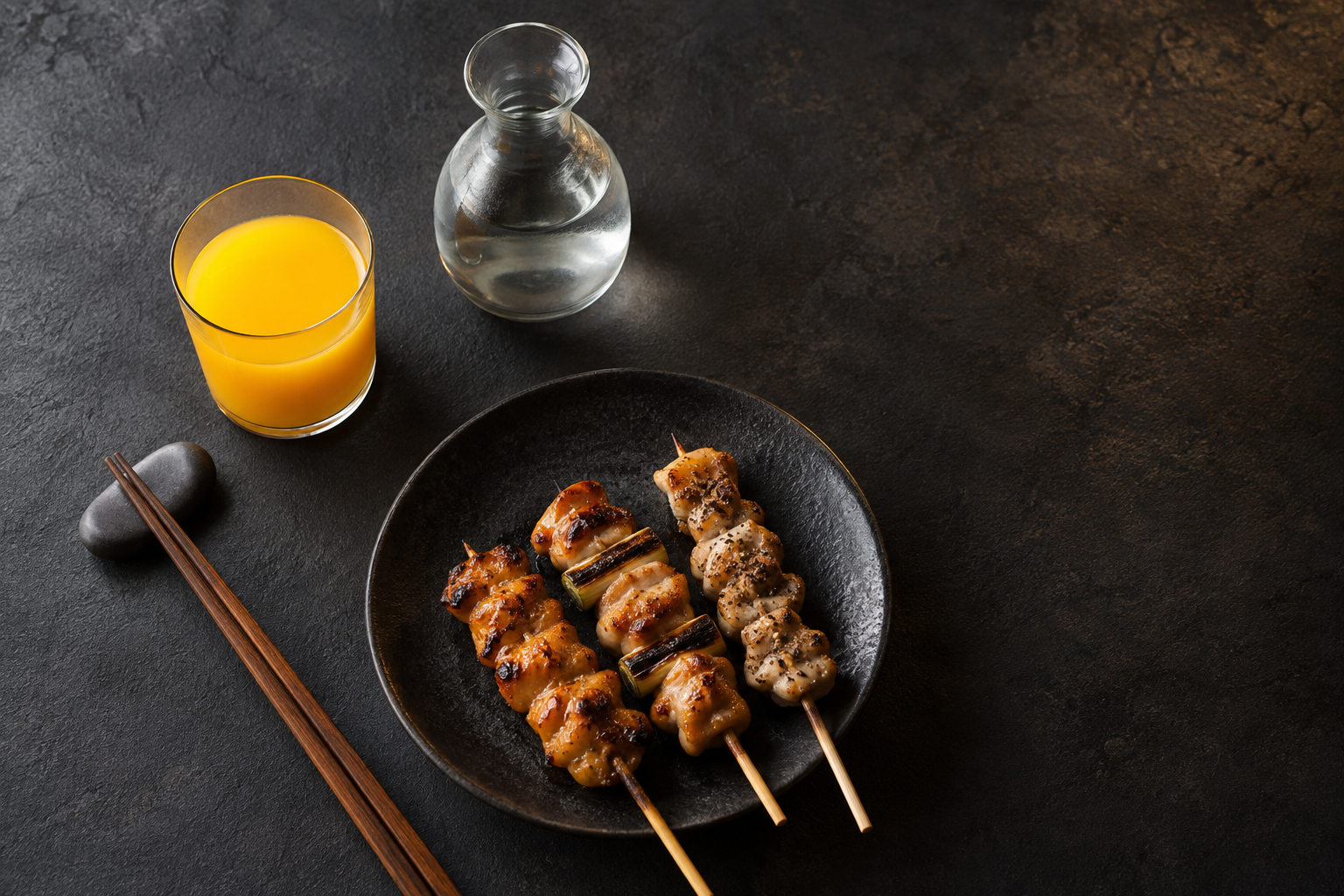 Orange juice, water and skewers on a dark tabletop