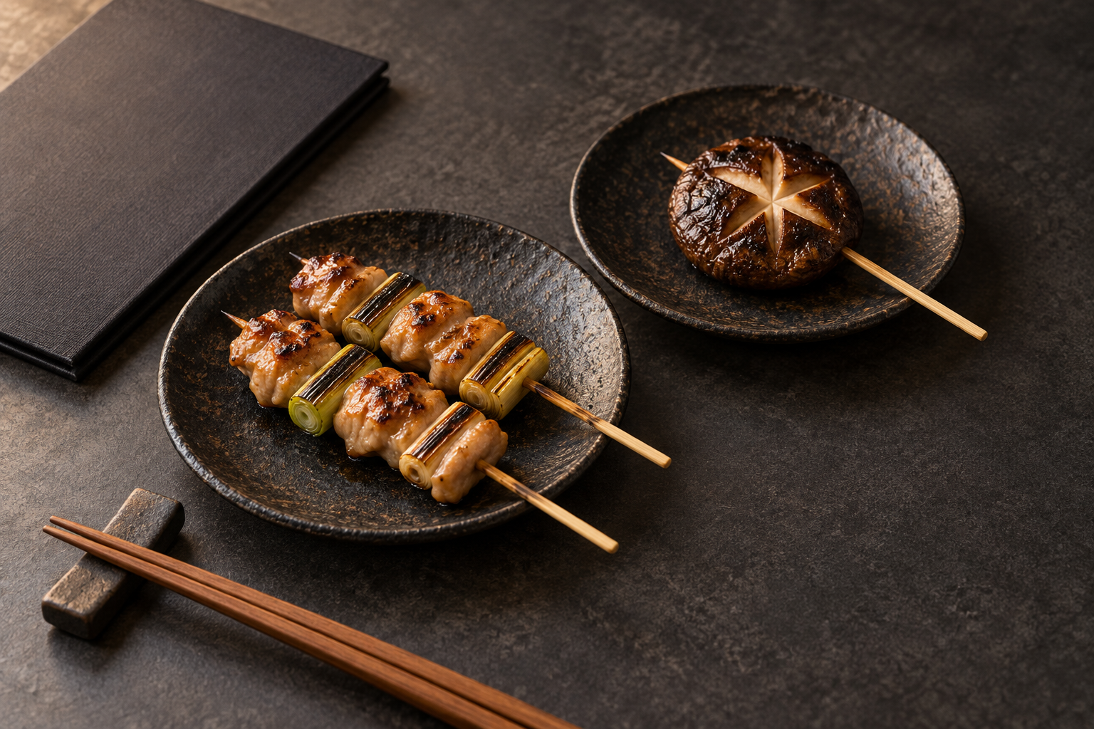Two small plates of chicken skewers and a shiitake skewer beside a plain menu