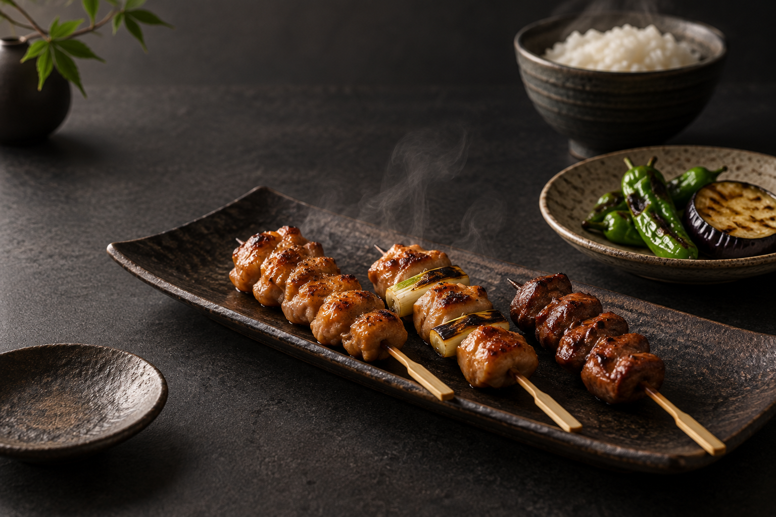 焼鳥の長皿、野菜の小皿とご飯を並べた食事イメージ