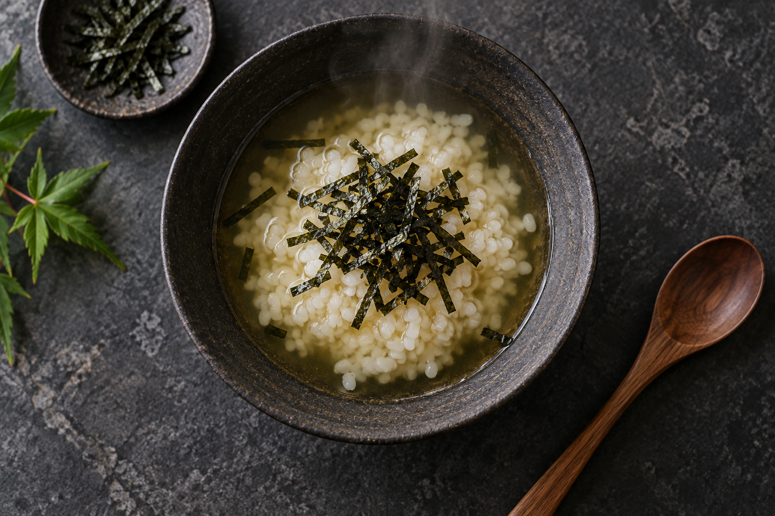 A dark bowl of rice in liquid topped with nori, beside a wooden spoon