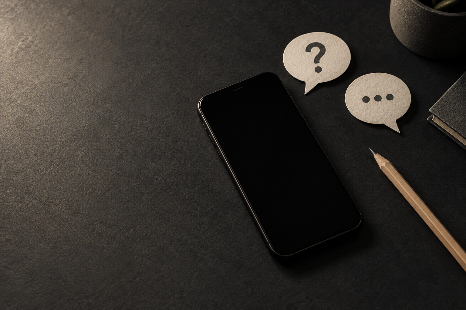 黒いスマートフォンと紙の吹き出しを並べた購入前の質問のイメージ