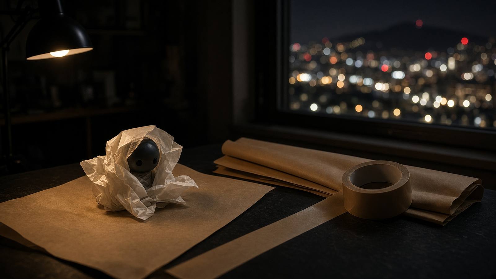 Protective paper, packing tape and a small figure arranged on a dark table
