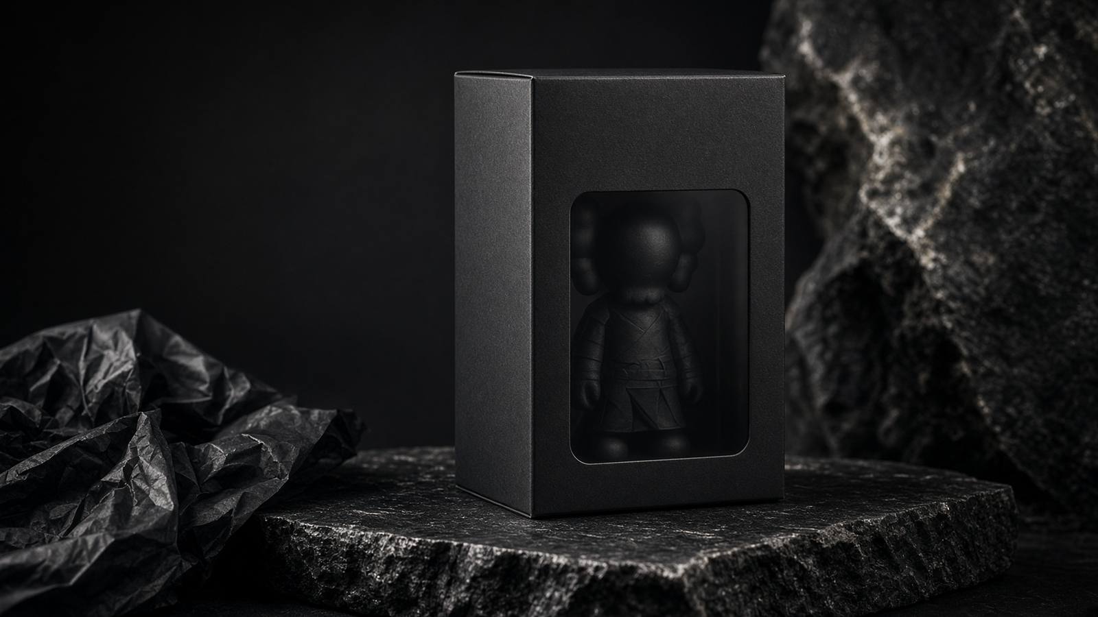 暗い背景に置かれた小さなフィギュアの箱と梱包材のイメージ