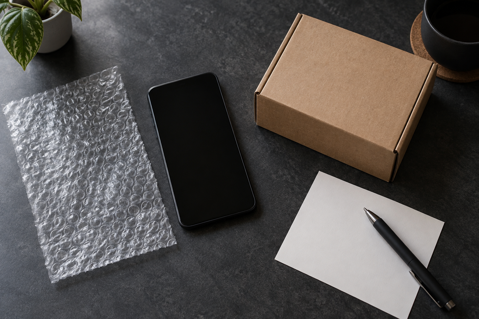 Blank phone, protective wrap, a small carton and a note for recording an inspection