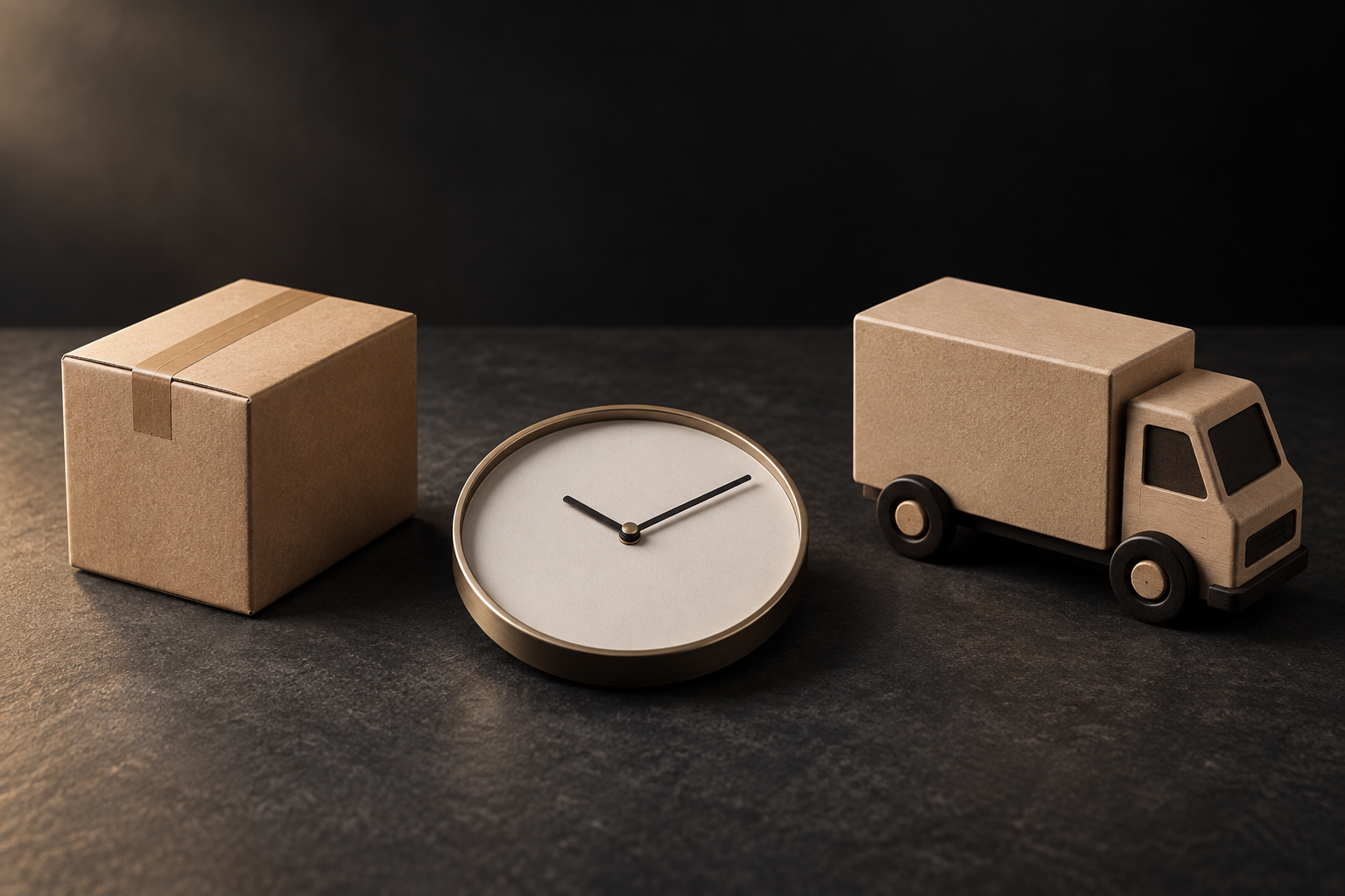 A parcel, blank-face clock and miniature delivery truck illustrating stages of shipping