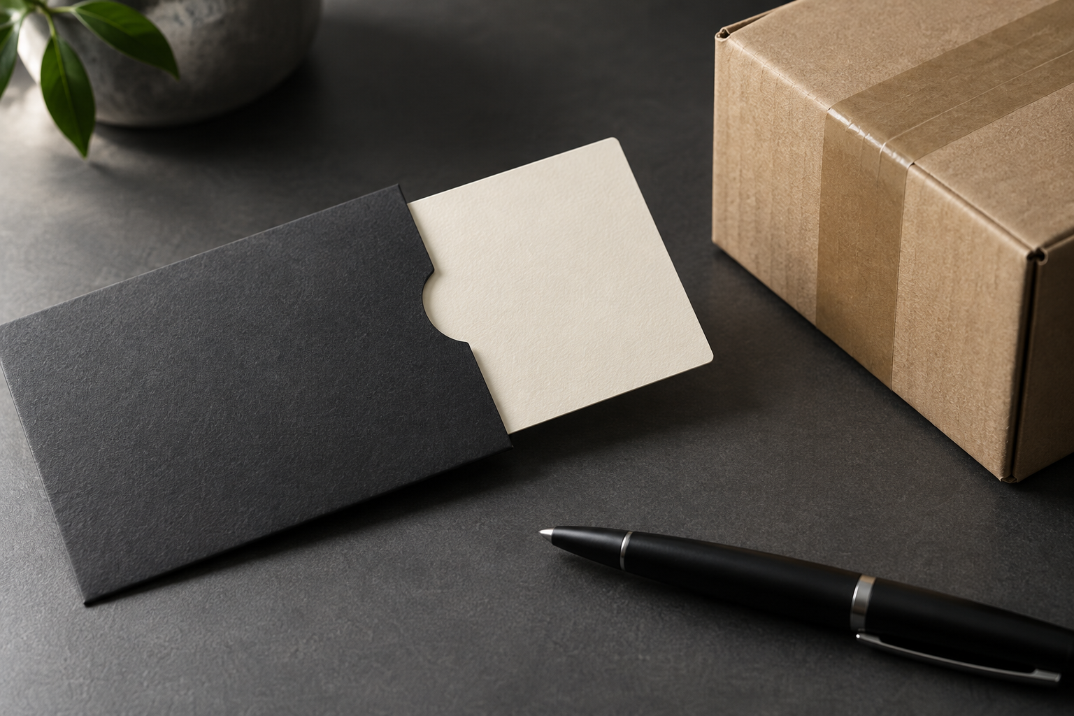A blank card partly inside a dark sleeve beside a parcel and pen