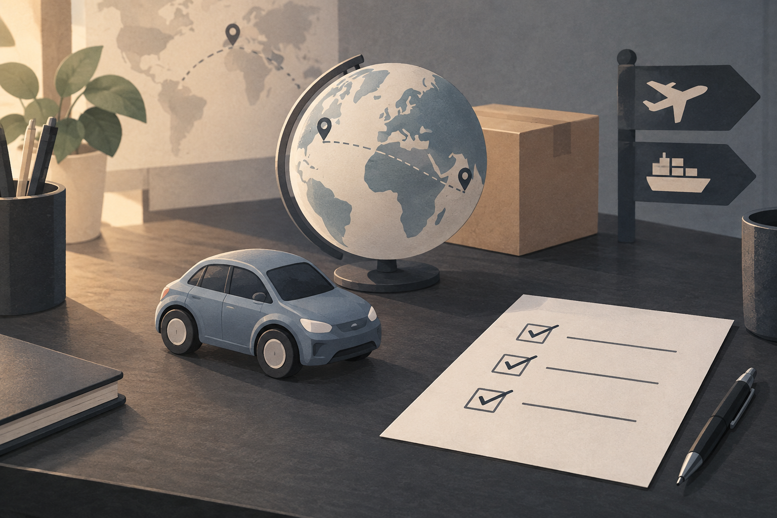 Concept illustration of a toy car, globe, parcel and checklist