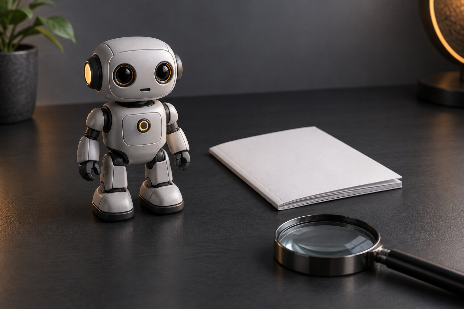 卓上の無銘のおもちゃロボット、冊子と拡大鏡のイメージ