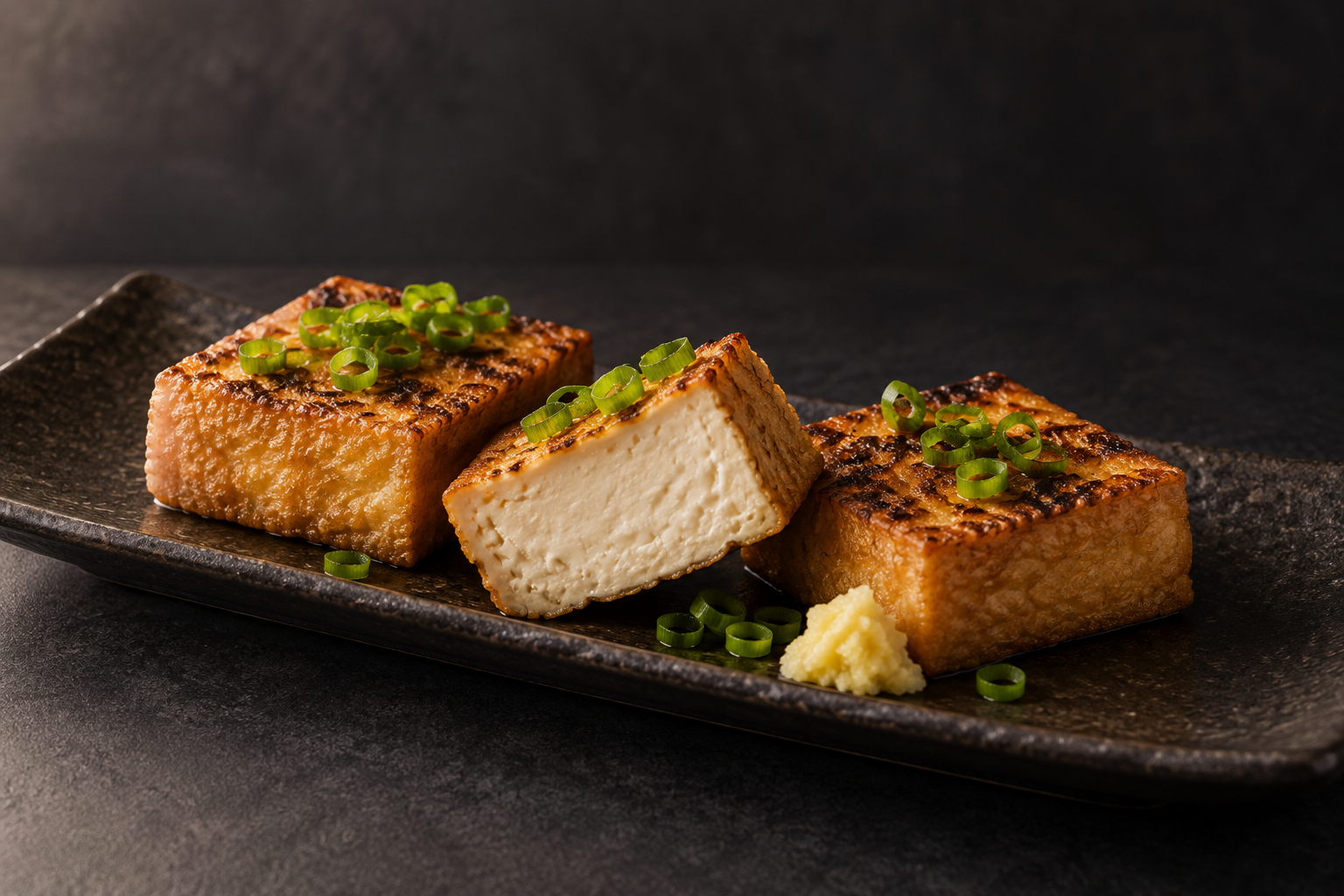 Illustration of grilled thick fried tofu on a dark plate